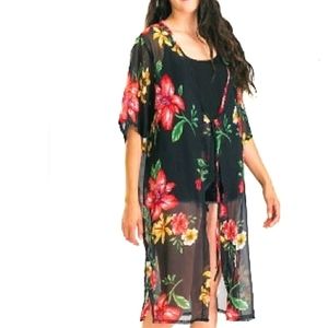 NEW Tropical Floral Print Sheer Kimono Cover Up One Size